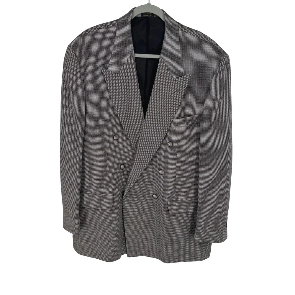 Vtg Bachrach Double‎ Breasted Houndstooth Blazer Jacket 44L USA Made Black White